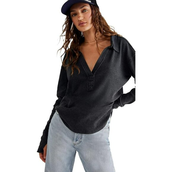 We the Free Anakin Thermal Collared Henley V Neck Long Sleeve Waffle Knit Shirt - Picture 1 of 14